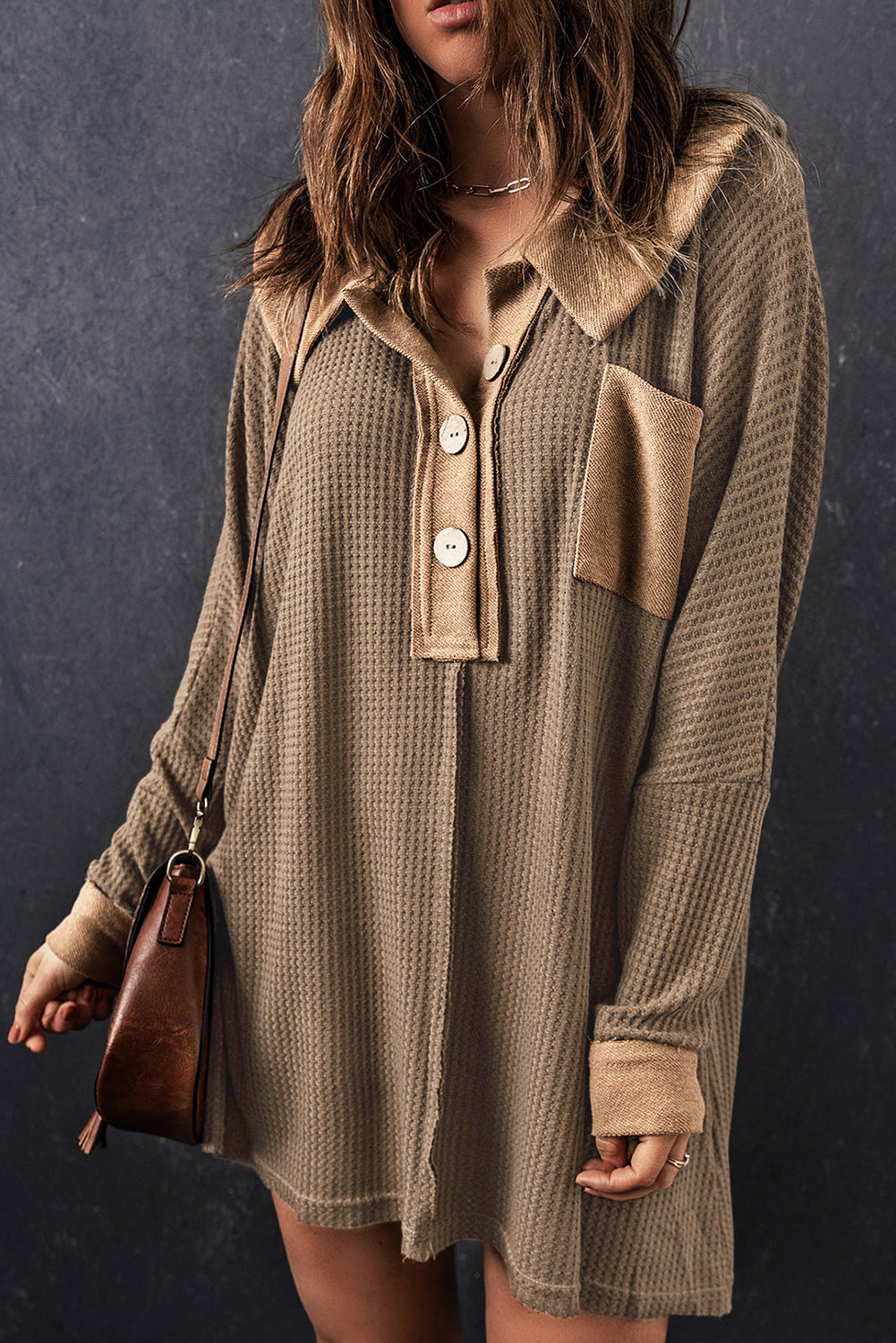 Top for Women Long-Sleeve Waffle Knitted