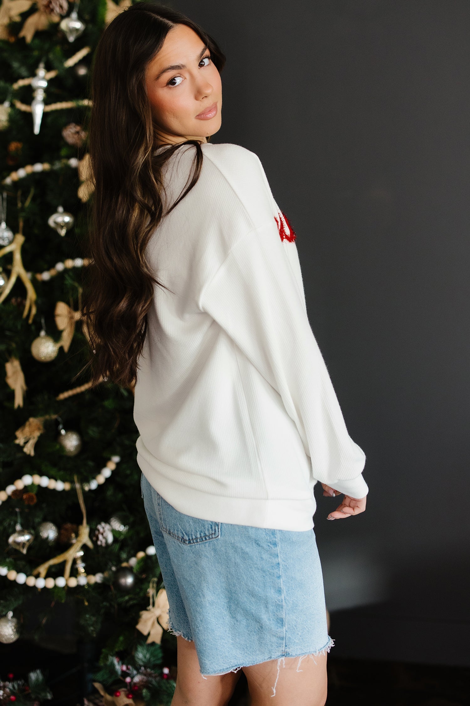 Merry Embroidery Tinsel Letter Rib-Knit Drop-Shoulder Sweatshirt