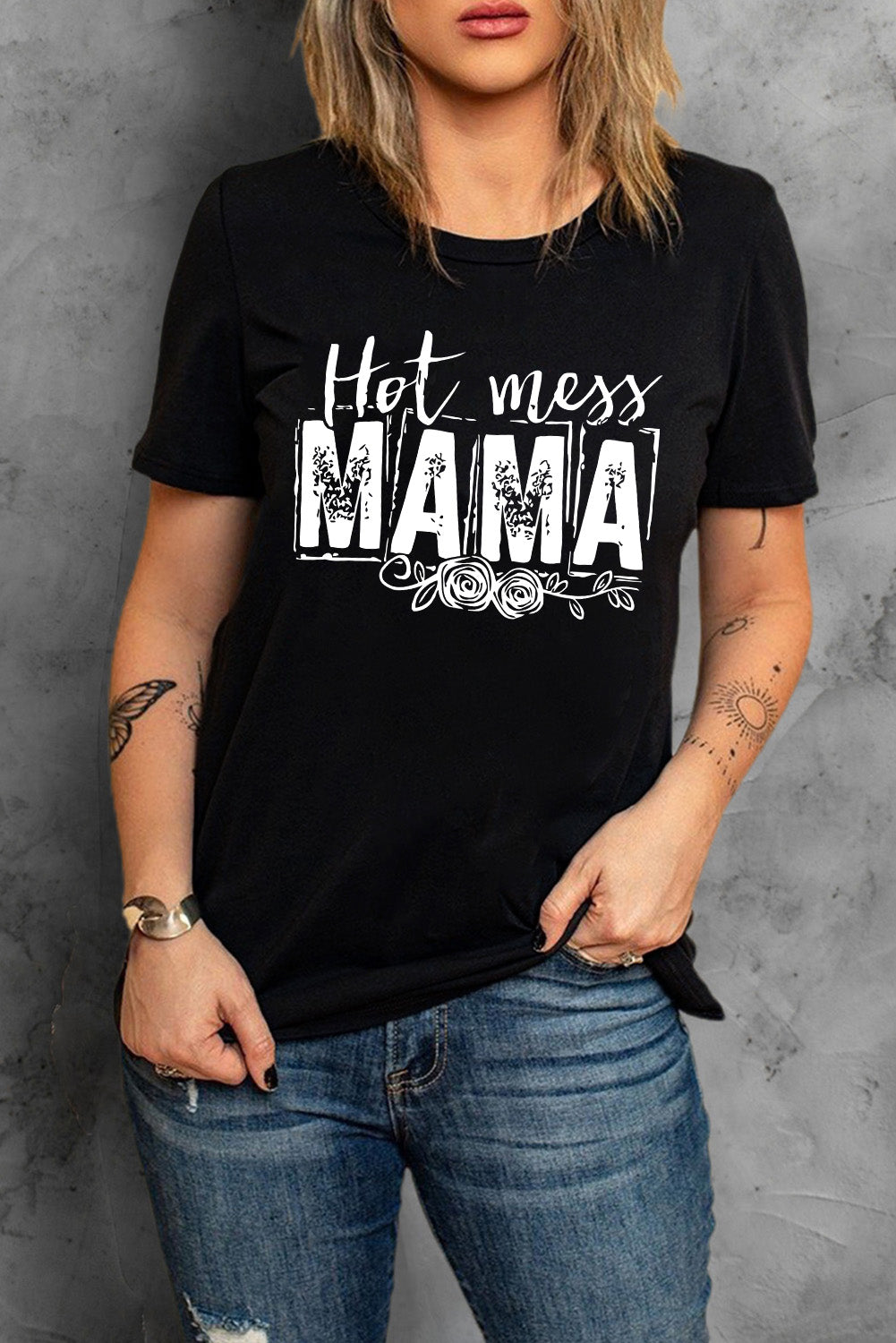 Women's T Shirt with MAMA Hot Mess Graphic-Print Print Short-Sleeve