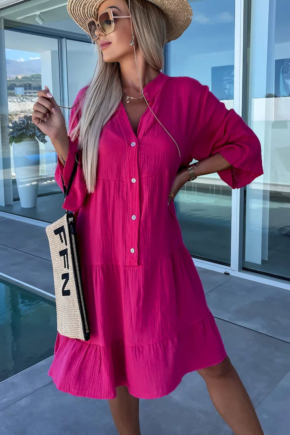Women's Crinkled Layered Split Neck Shirt Dress