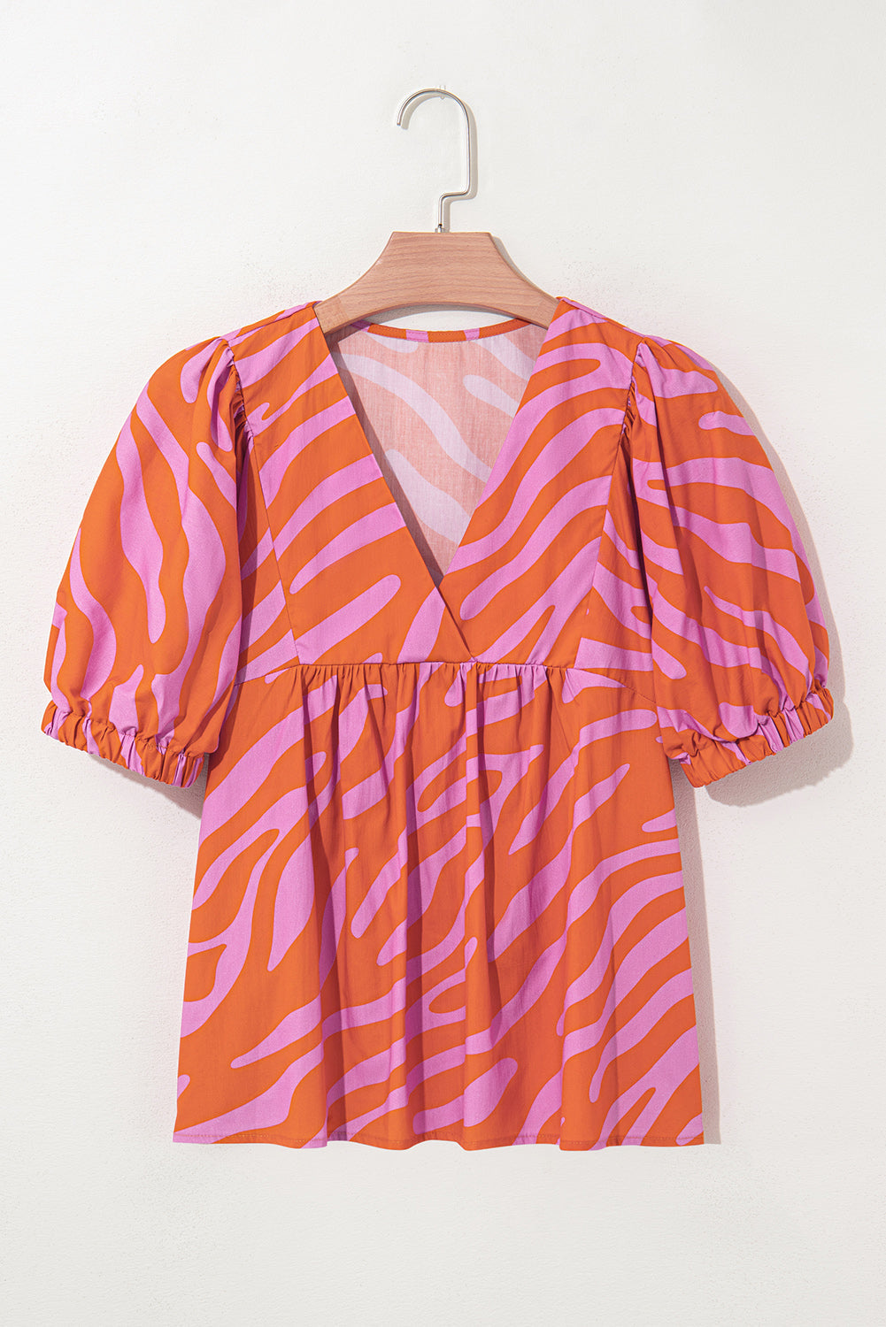 Zebra Ruched Stripe Print Cuff Half Sleeve V-Neck Blouse