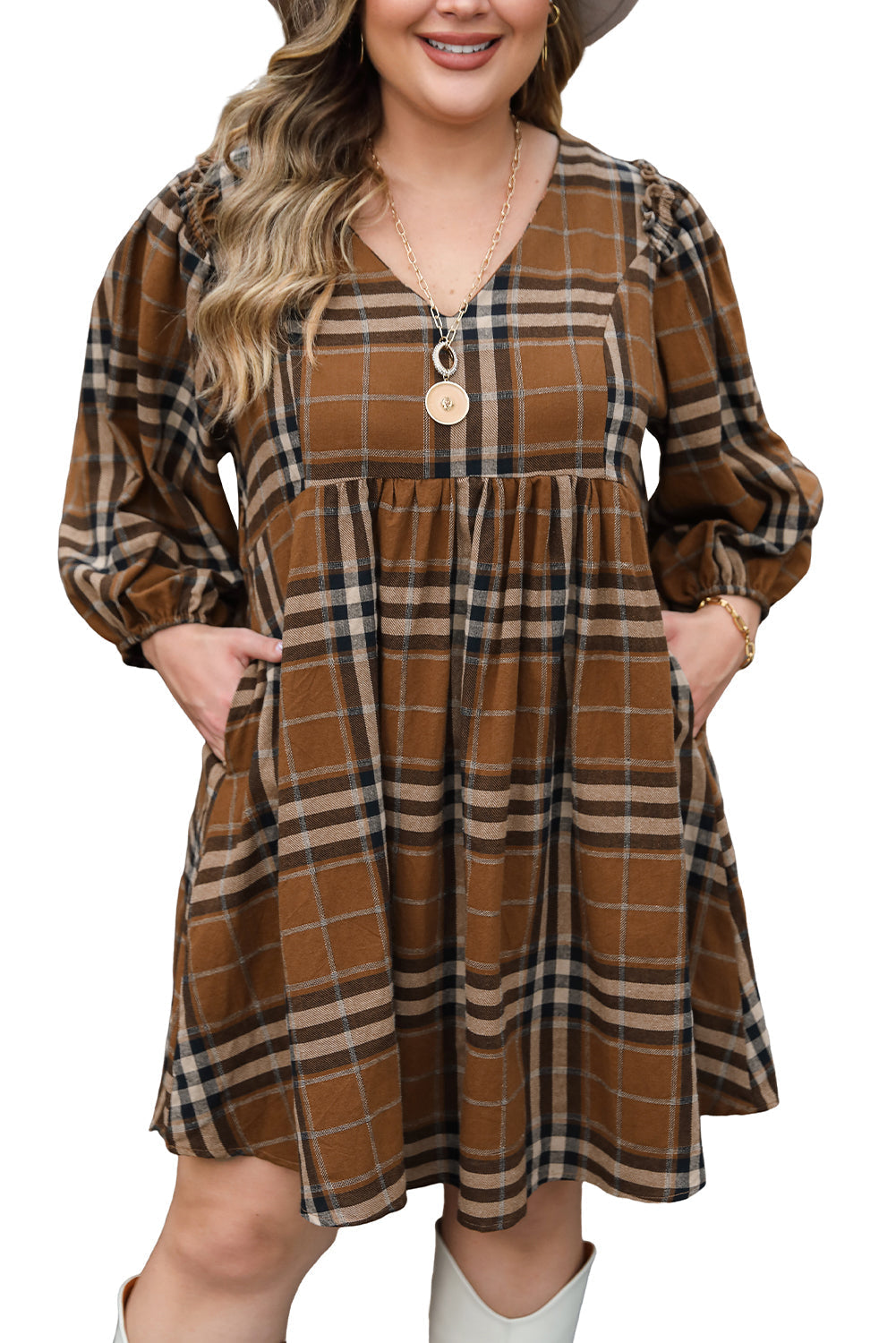 Women's Dress with Plus Size Babydoll Plaid V Neck