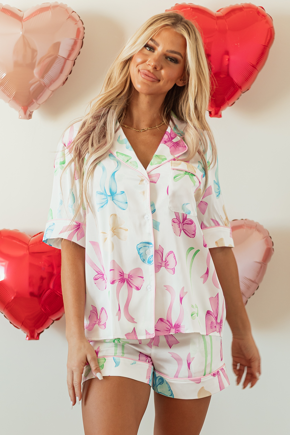 Print Button-Front Bowknot Button-Front Shirt High-Waisted Shorts Pajama Set