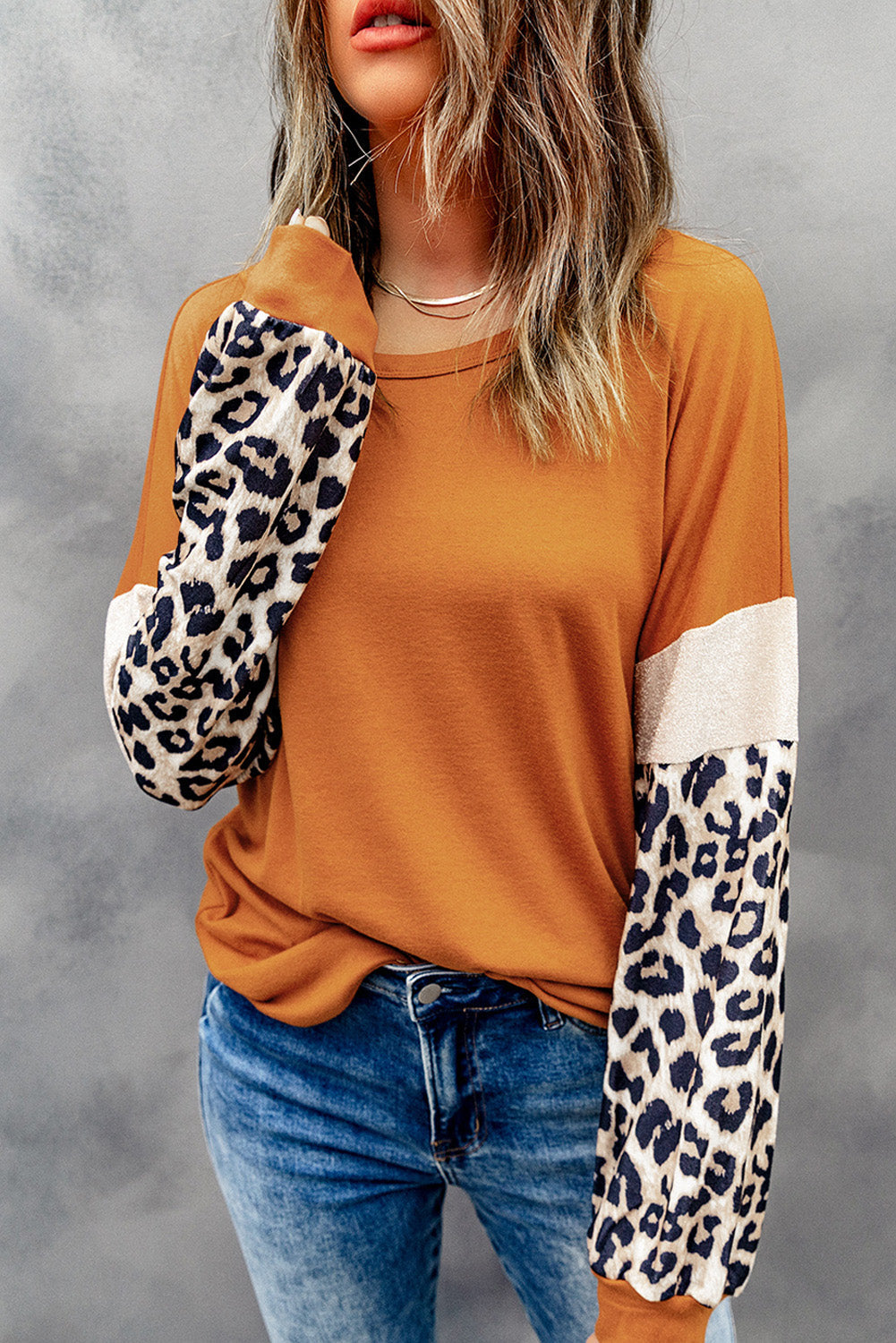 Women's Top with Patchwork Long-Sleeve Leopard-Print