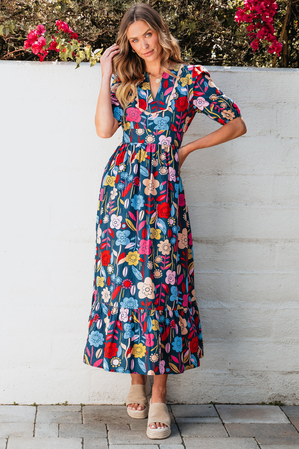 Women's Maxi Dress Featuring Retro Floral-Print Split Neck