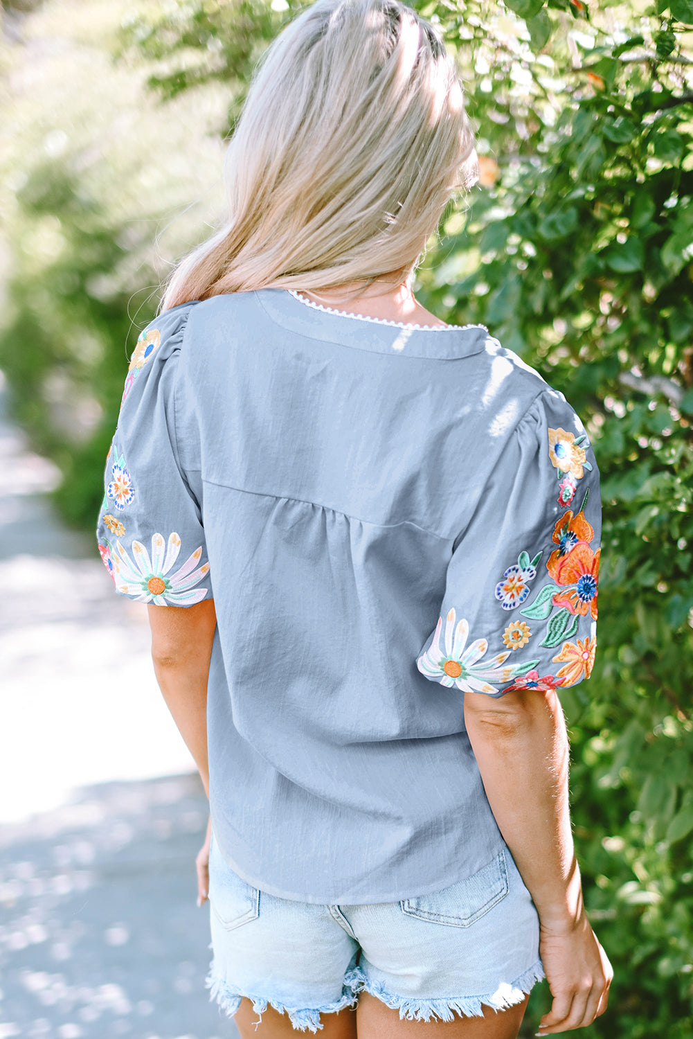 Floral Embroidered Puff Sleeve Split Neck Blouse