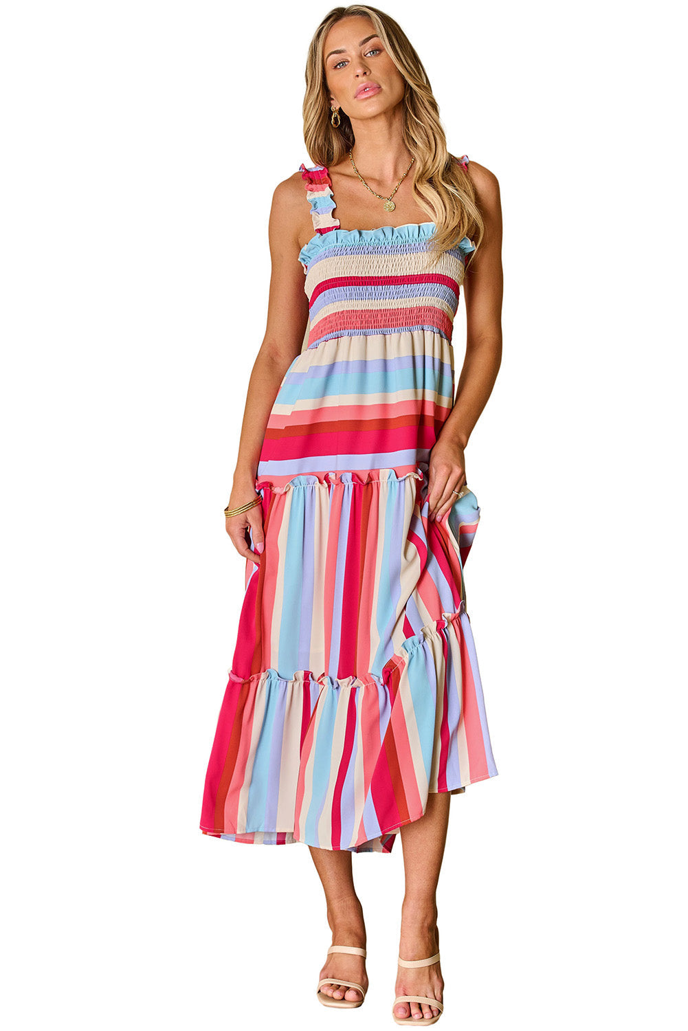 Women's Dress Featuring Ruffle-Trimmed Straps Shirred Layered