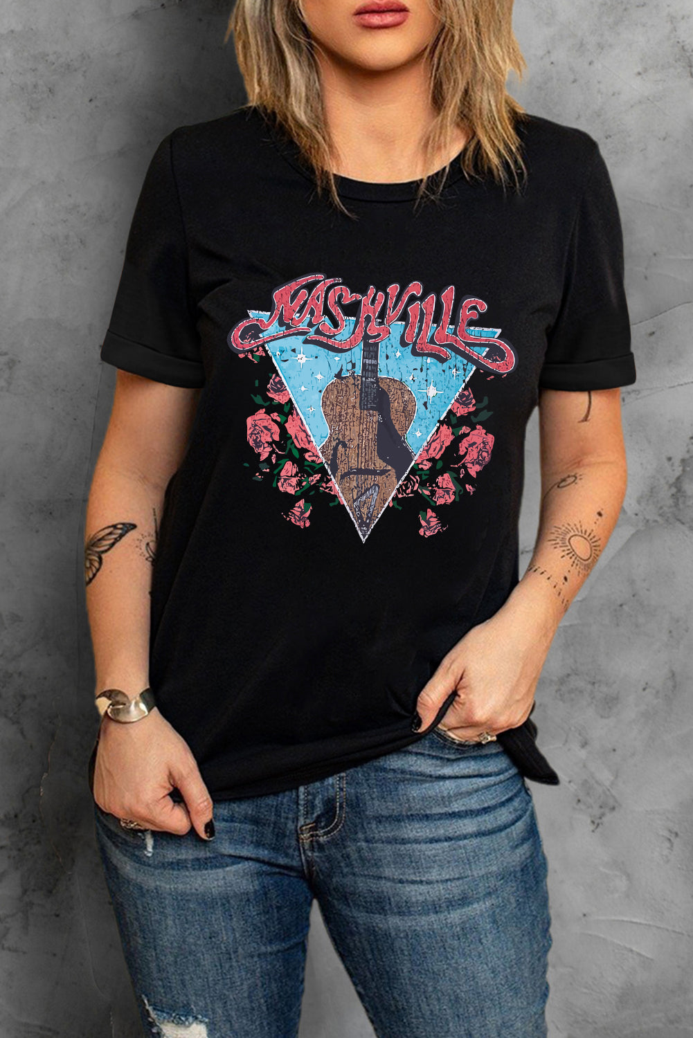 Women's T Shirt with Letter Graphic-Print Guitar Flower
