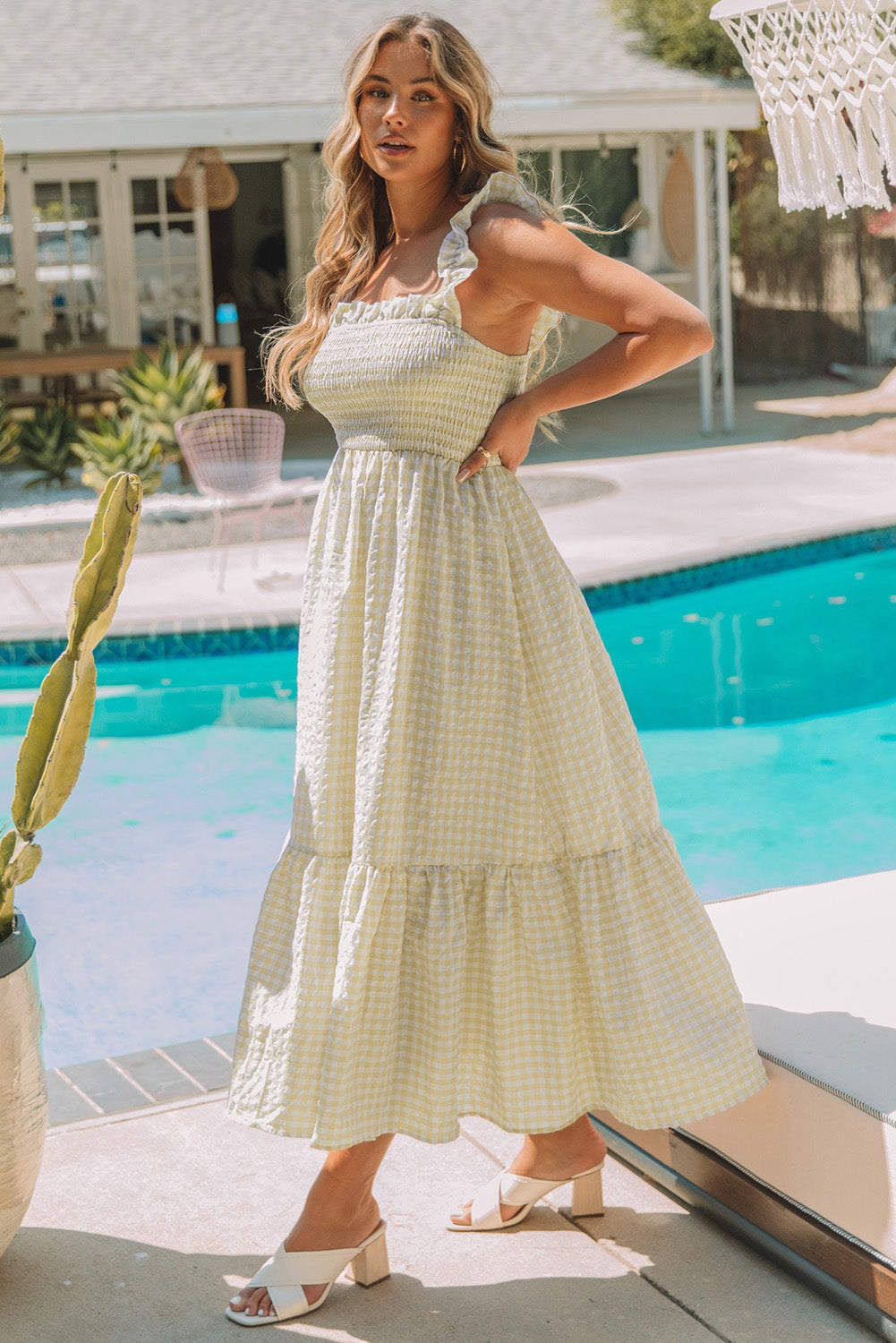 Maxi Dress for Women Plaid Ruffle-Trimmed Sleeve Shirred