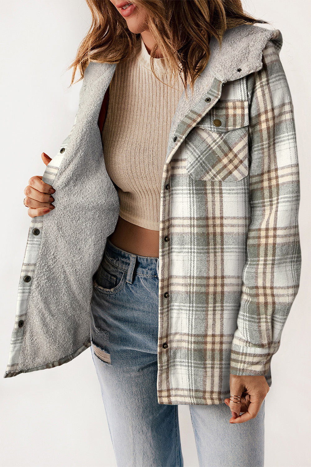 Women's Shacket with Lined Hooded Plaid Sherpa