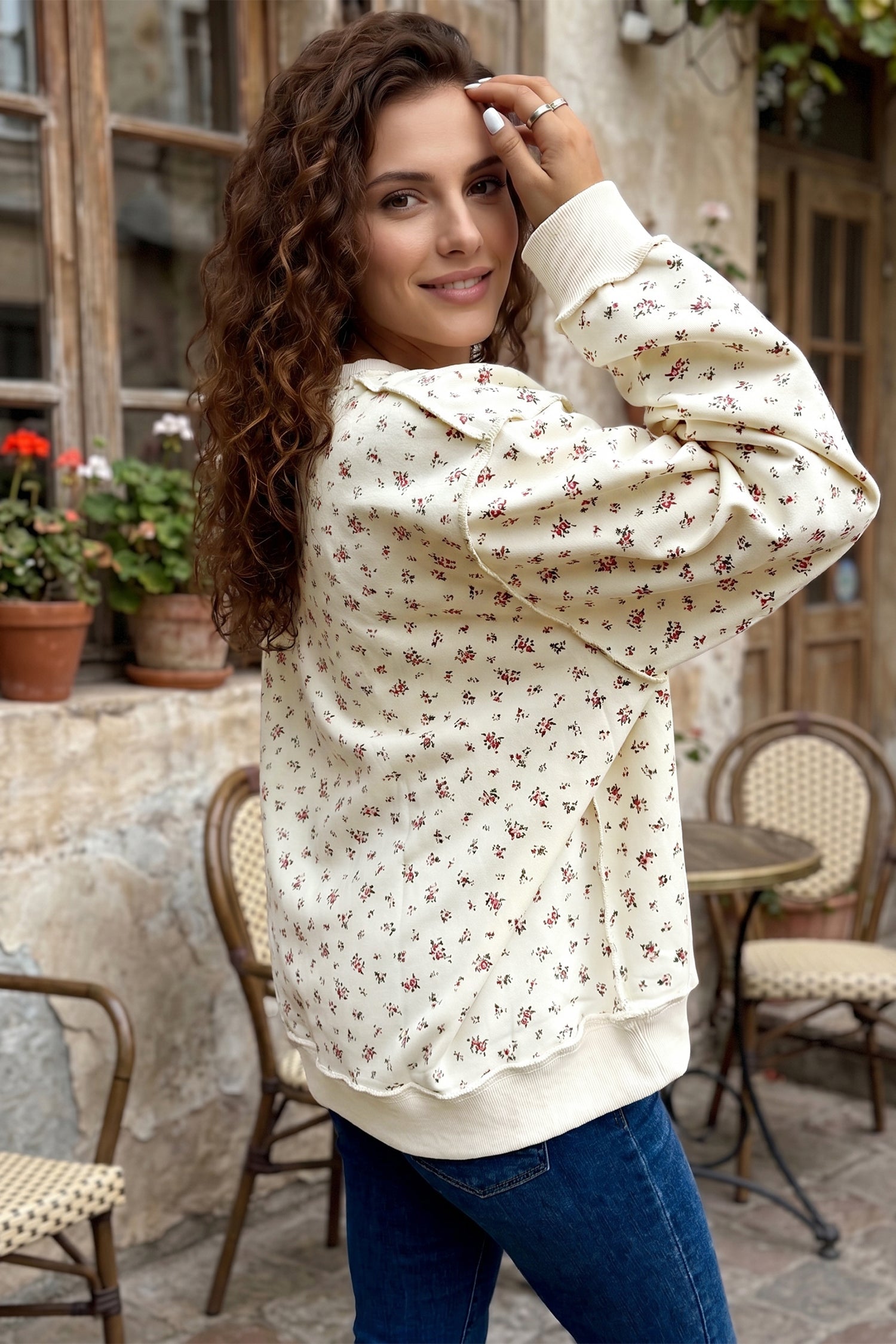 Rib-Knit Floral-Print High Neck Baggy Pullover Sweatshirt in Beige