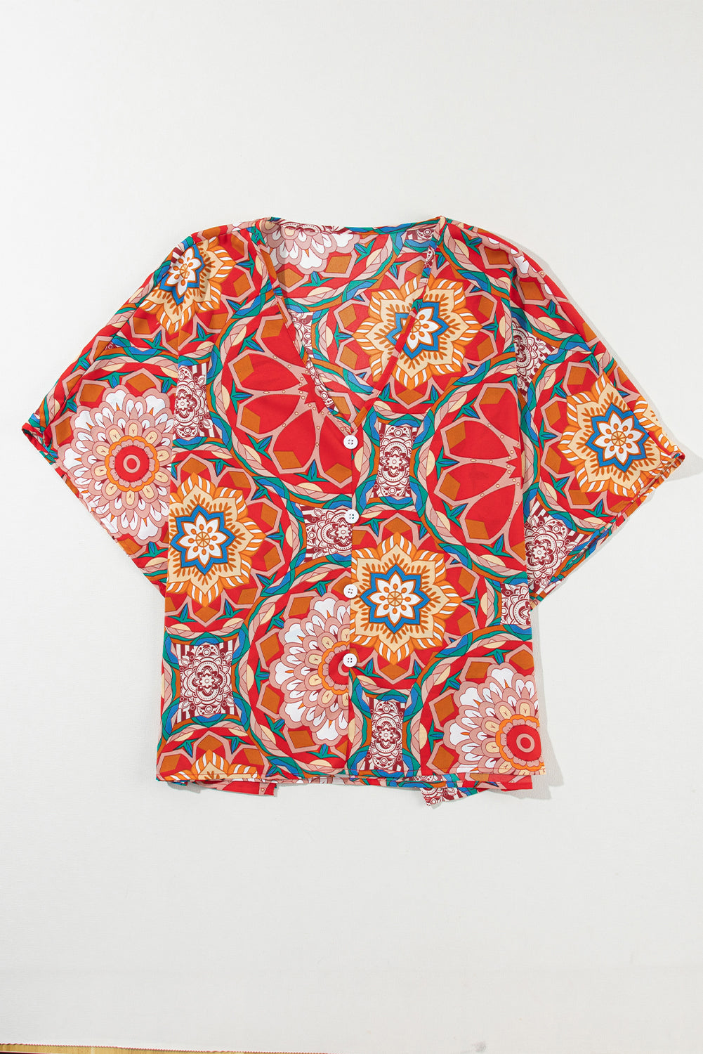 Women's Blouse Featuring Floral-Print Batwing Sleeve V Neck