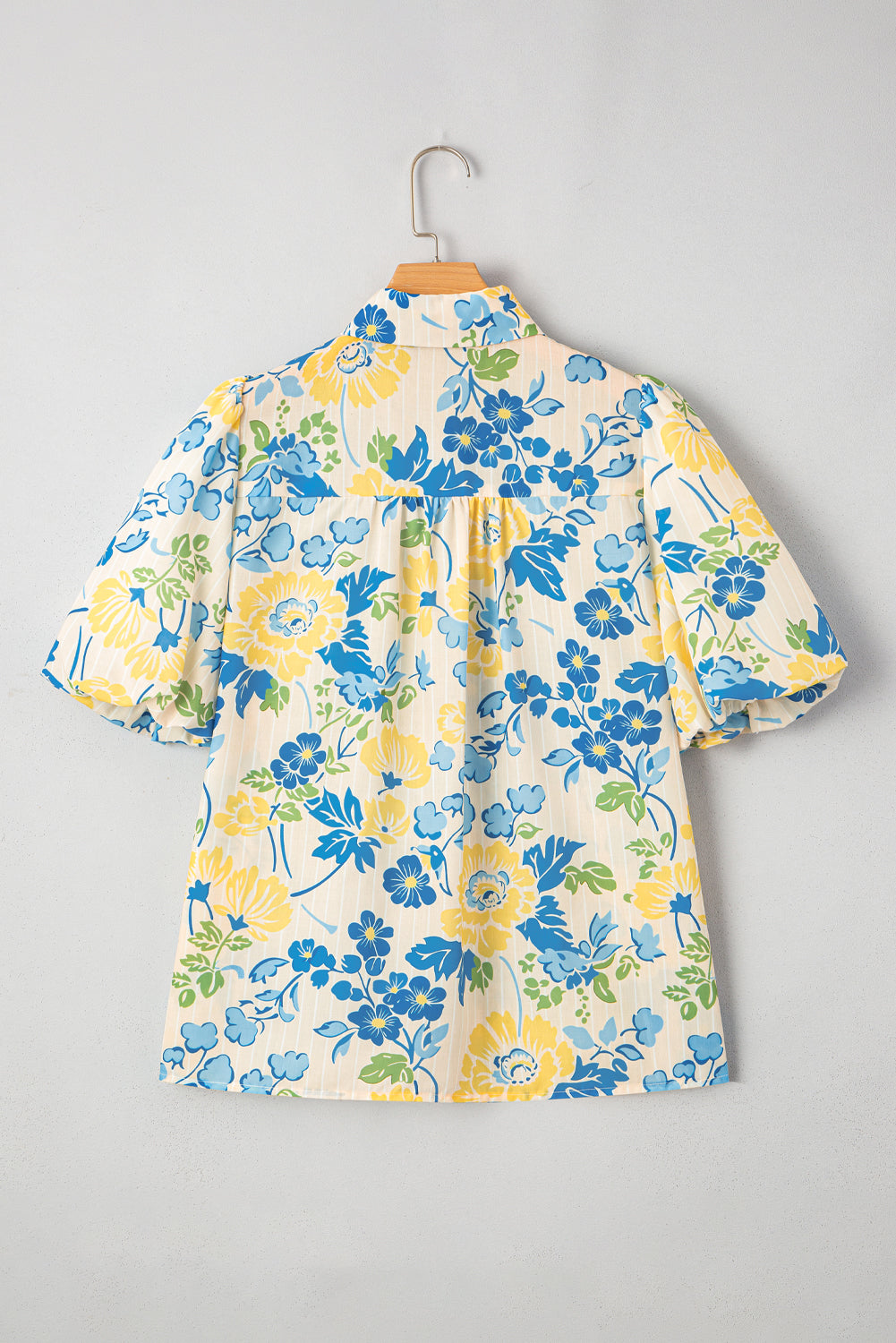 Mixed Floral Striped Print Puff Short-Sleeved Blouse