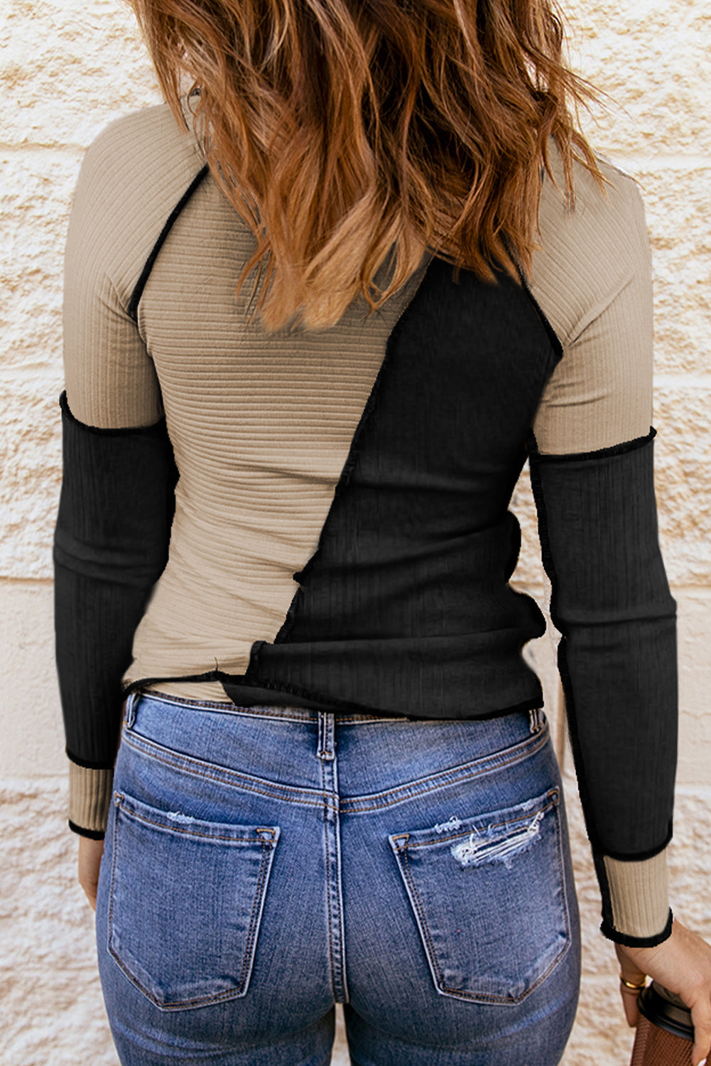 Irregular Trim Colorblock Seaming Rib-Knit Top