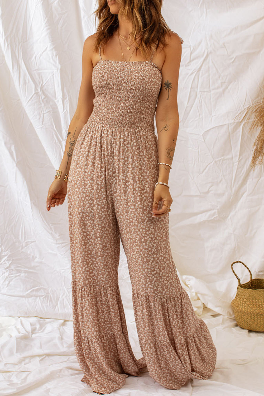 Women's Jumpsuit Featuring Thin Straps Shirred Bodice Wide-Leg Floral-Print