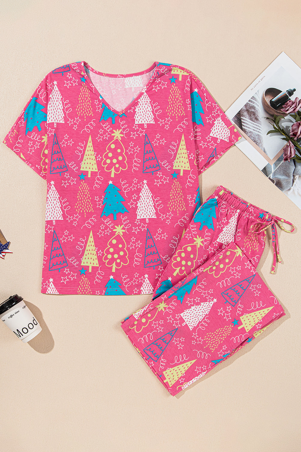 Christmas Tree Print V-Neck Tee and Pants Lounge Set