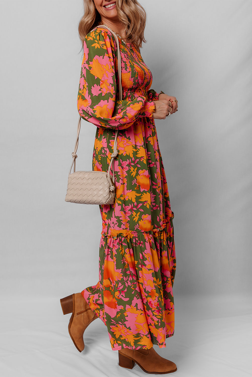 Sleeve Floral Puff Smocked Bodice Ruffled Long Dress