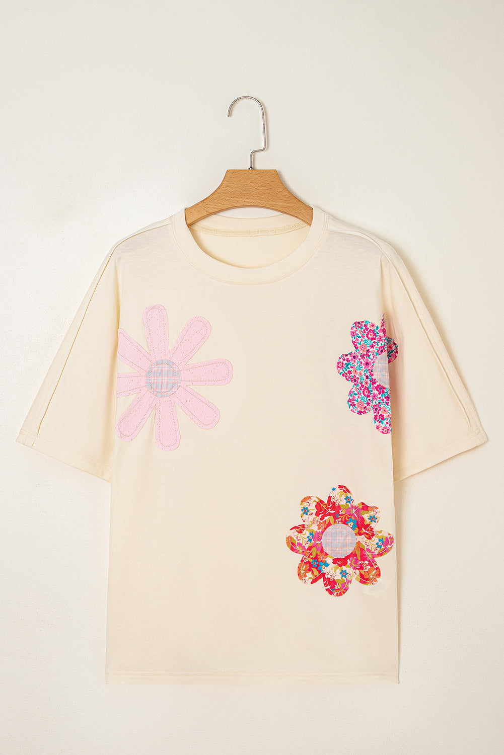 Exposed Flower Patched Stitching Trim Crew-Neck Loose Tee