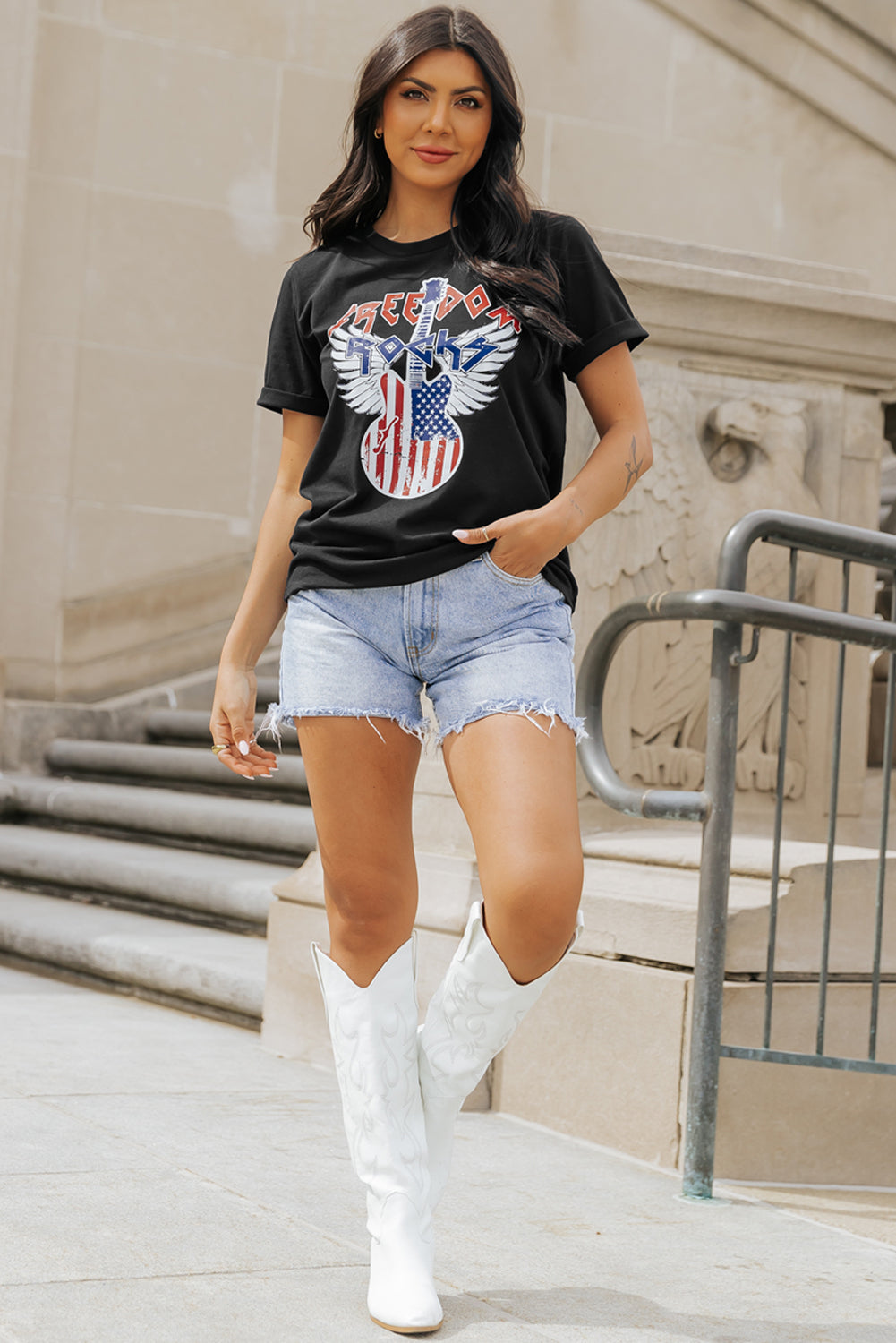 Tee for Women American Flag Guitar Print Crew Neck