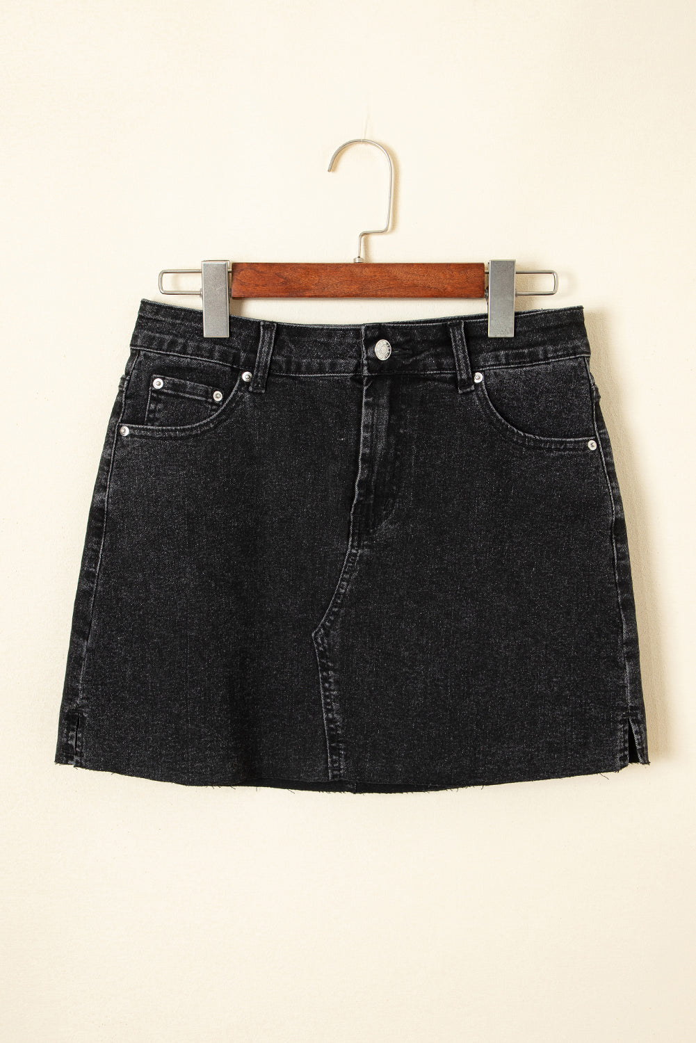 Mineral Carbon Grey Wash Ripped Raw Hem Denim Mini Skirt