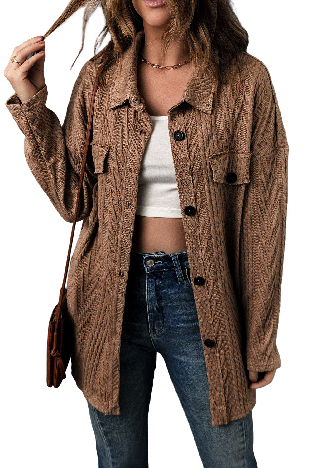 Shacket for Women Oversize Textured Knitted Button