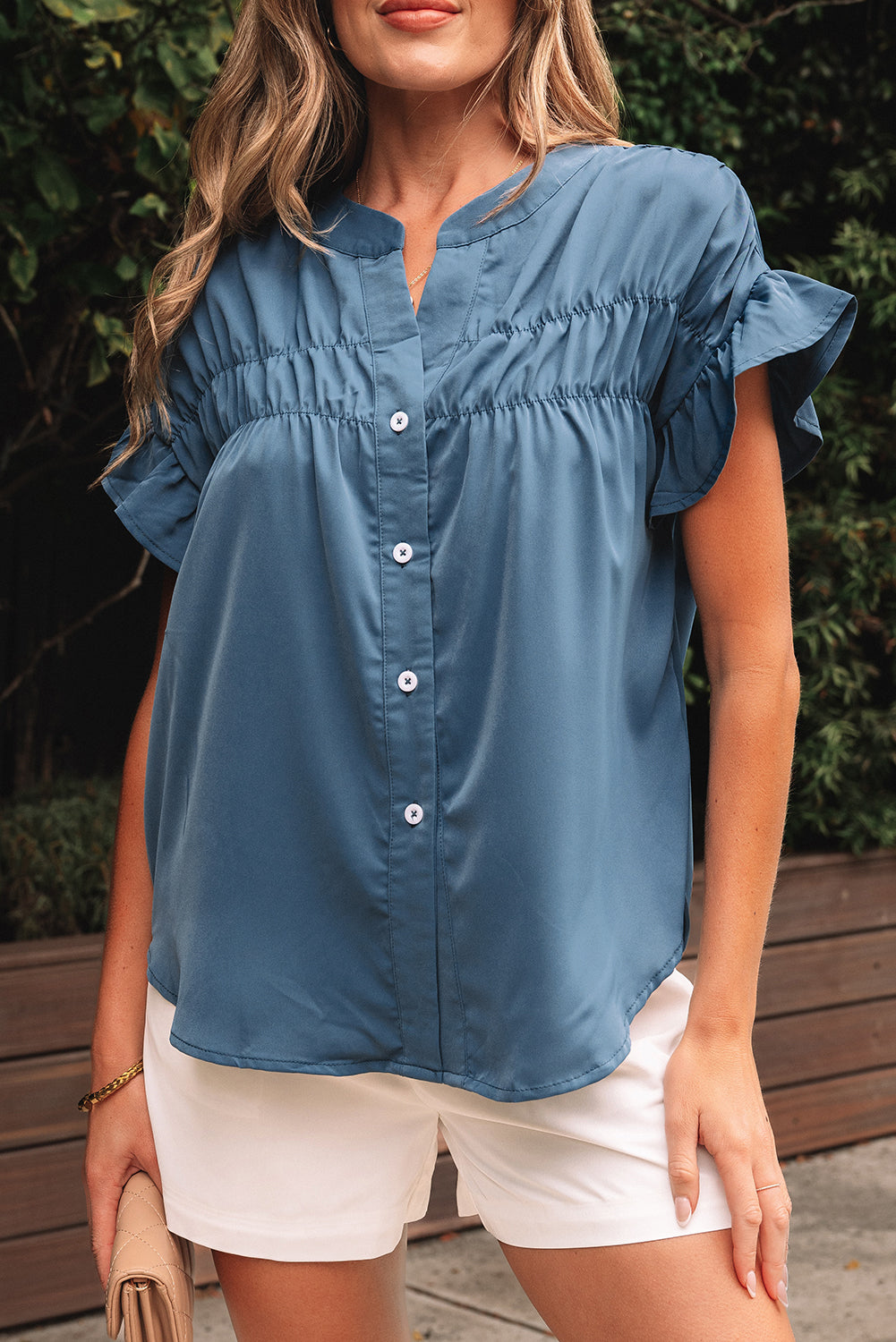 Ruffle Ruched Solid Ruched Short-Sleeved Button-Front Shirt