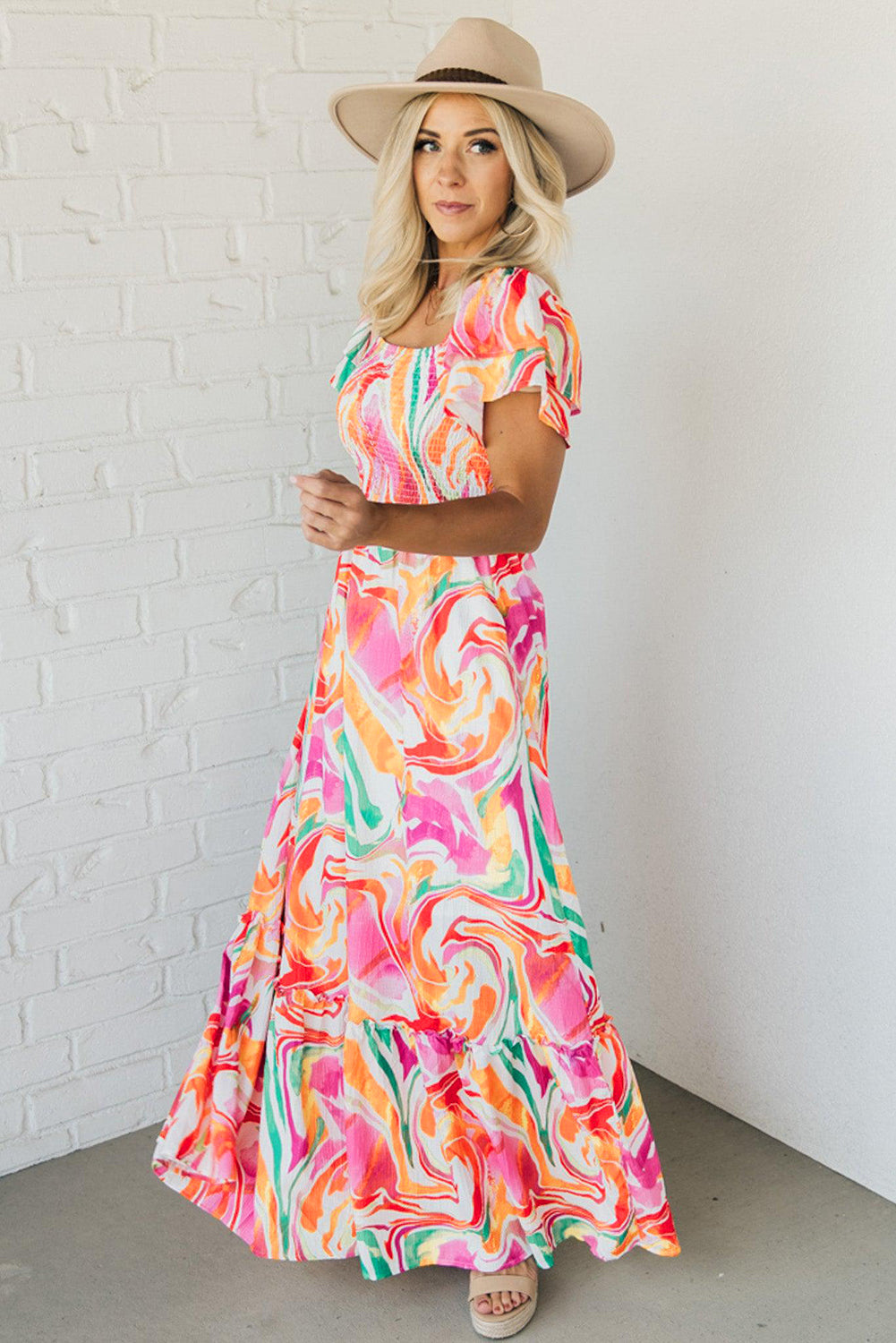 Pink Abstract Print Smocked Bust Maxi Dress