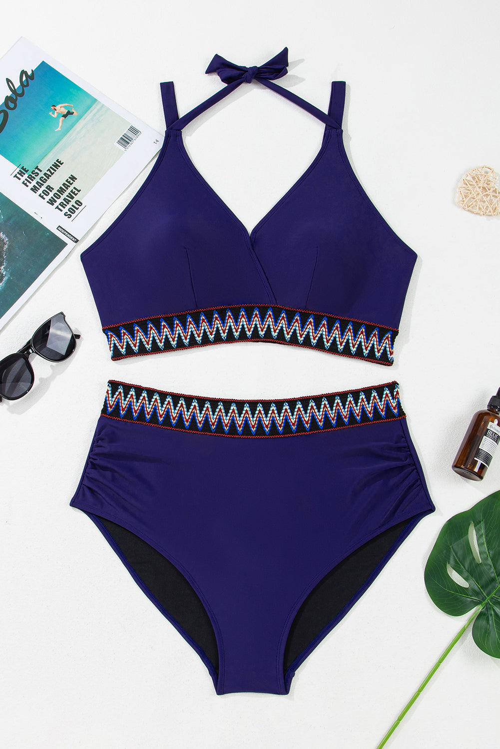 Embroidered Trim Wrap Tie Knot Plus Size High Waisted Bikini