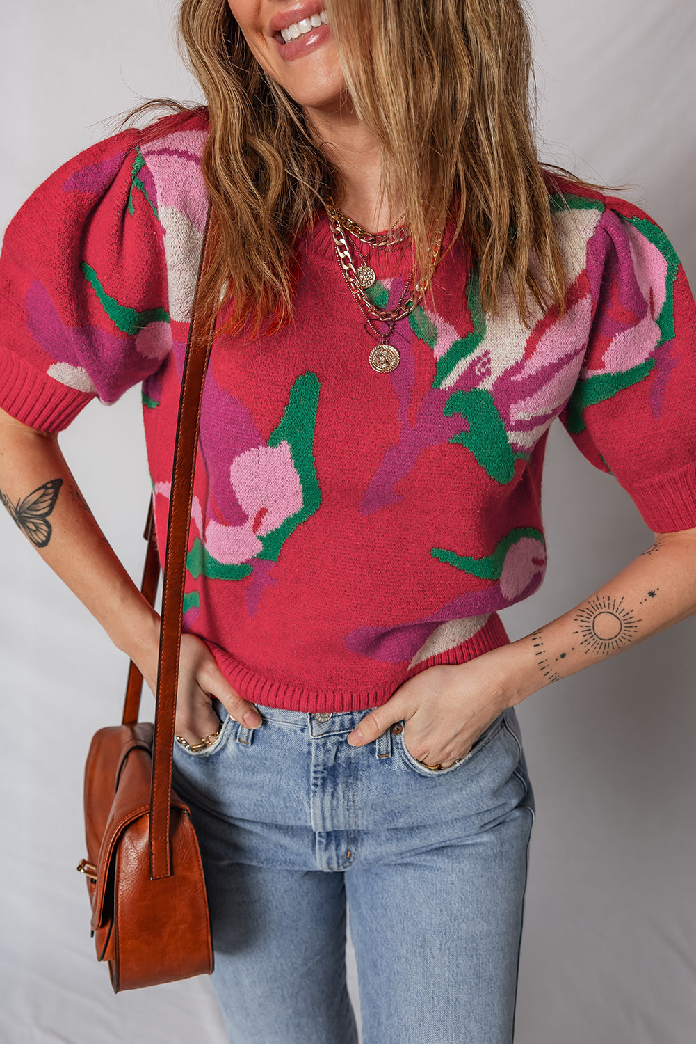 Abstract Print Floral Print Short Puff Sleeve Knit Top