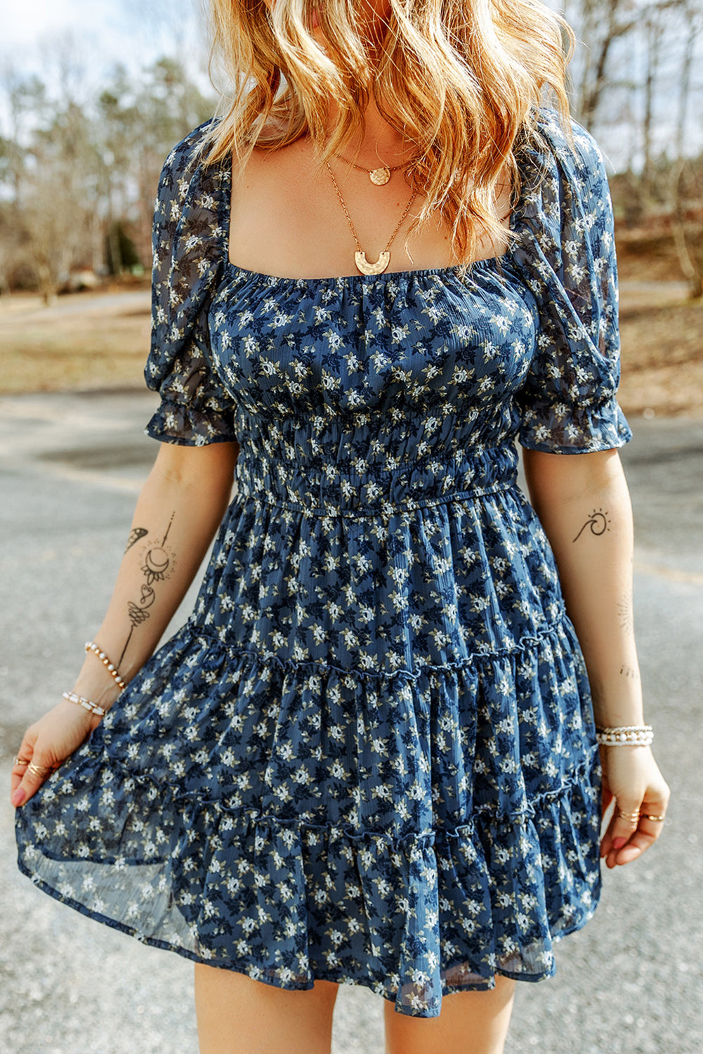 Women's Dresses with Floral-Print Shirred Layered