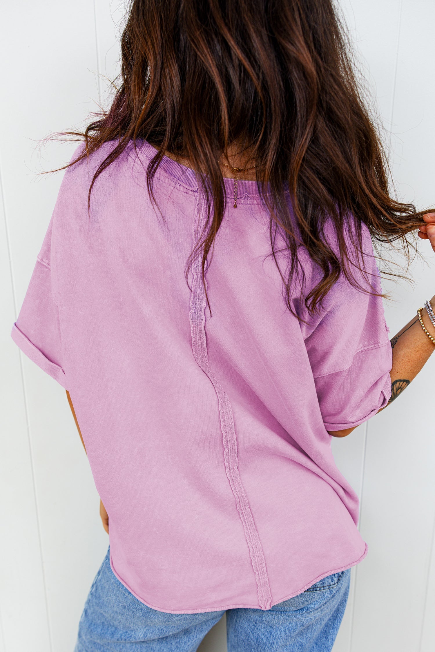 Drop-Shoulder Mineral Wash Raw Edge Loose Tee