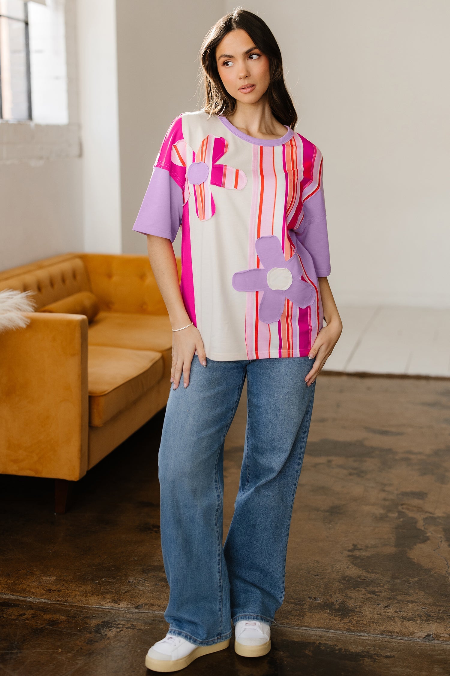 Striped Colorblock Flower Patched Half Sleeve Loose Top