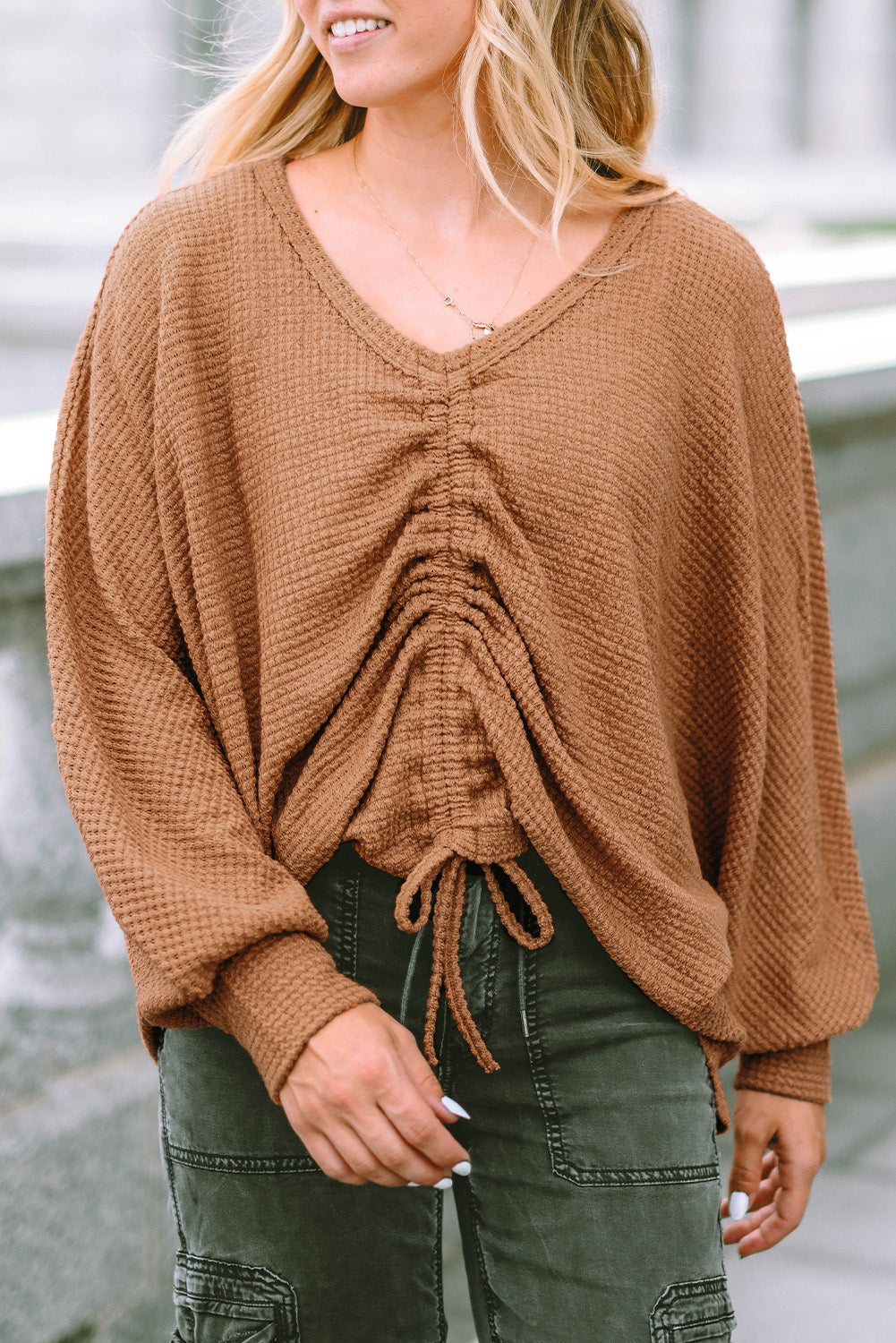 Knit Top for Women Drawcord Waffle V Neck