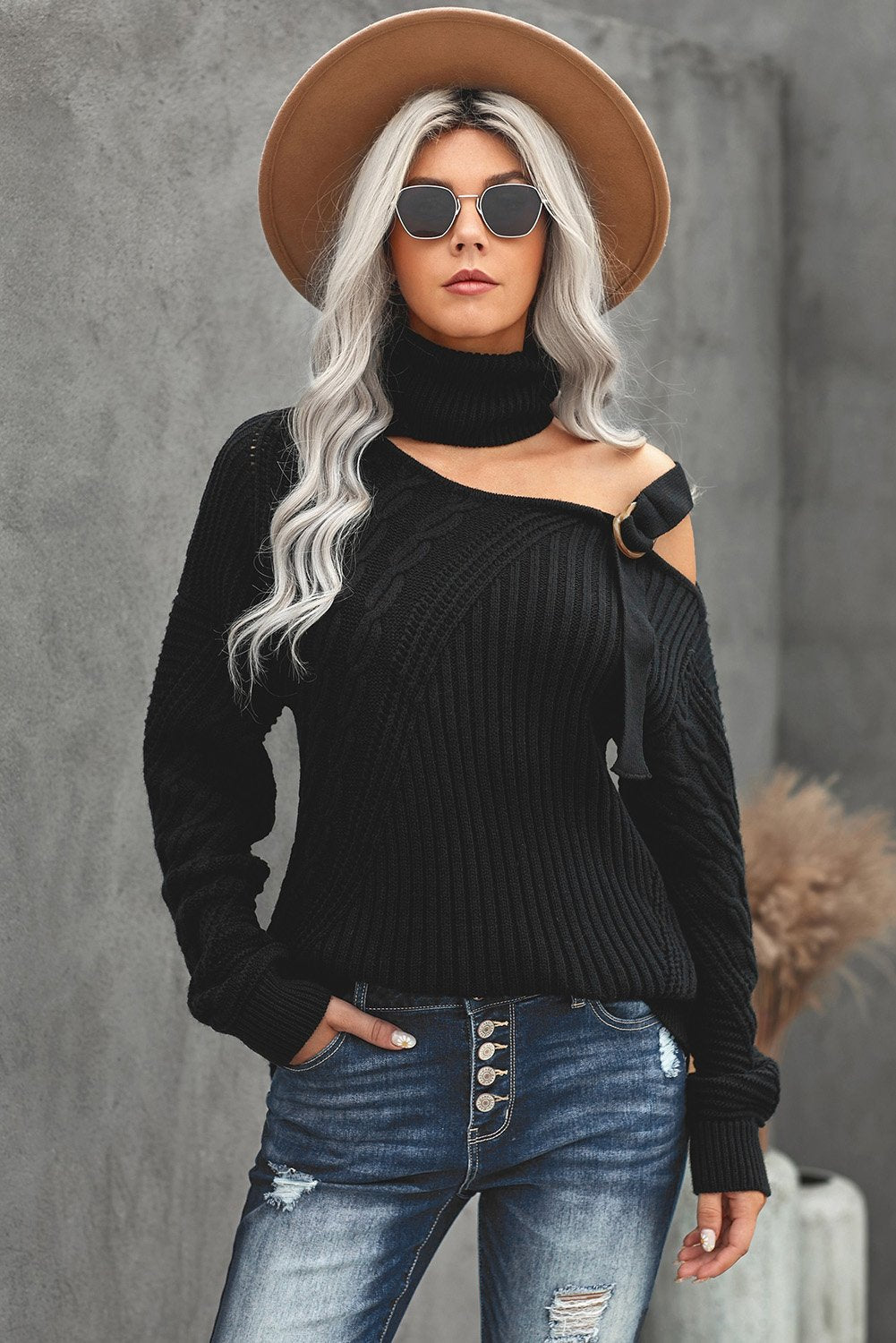 Women's Turtleneck Sweater with Winter Black Strapped Cut out Shoulder