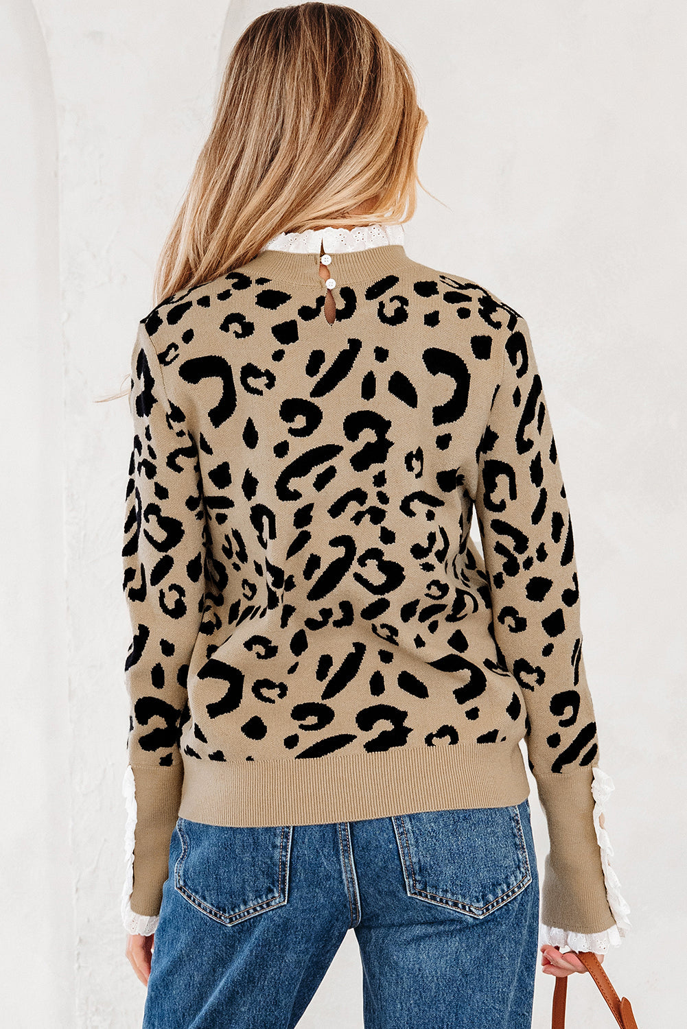 Pattern Lace Leopard Lace Rib-Knit Detail Button Cuffed Knit Top