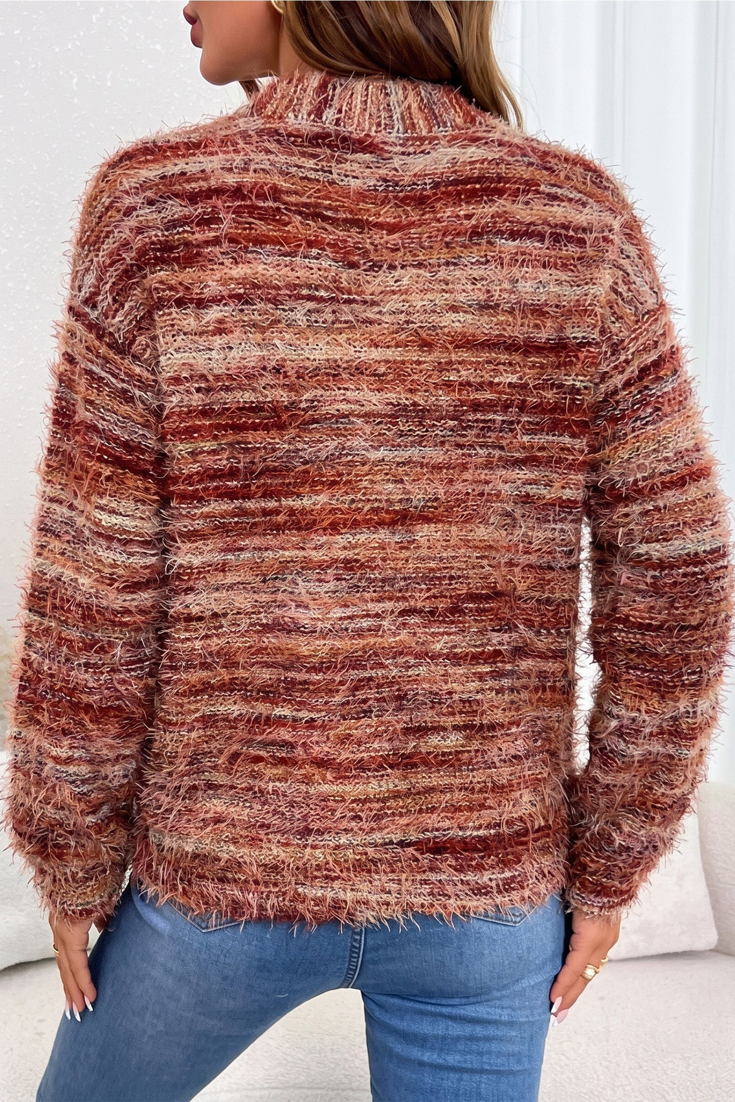 Striped Button Fuzzy Button Front Cardigan Knit Top in Tawny