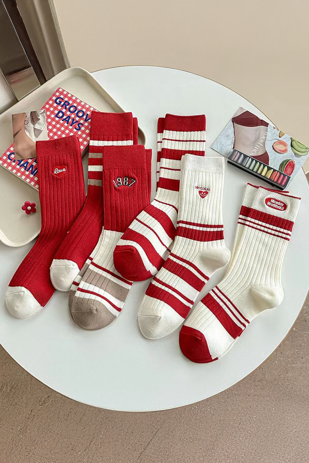 Love Embroidered Rib-Knit Colorblock Crew Socks