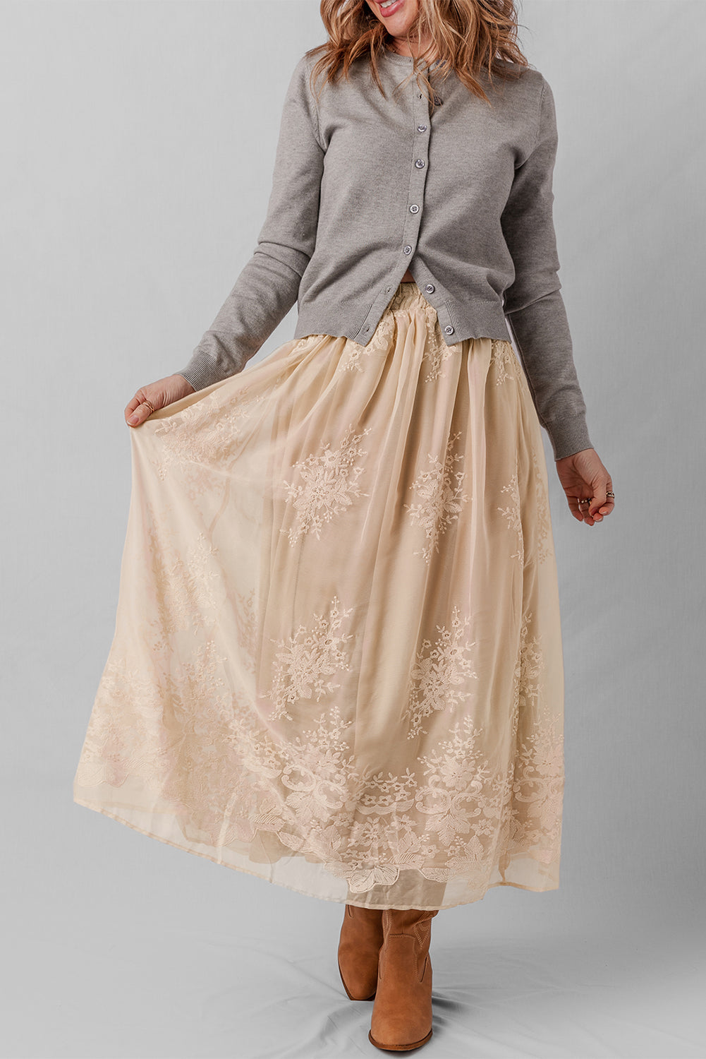 Overlay Embroidered Mesh Flowy Long Skirt in Oatmeal
