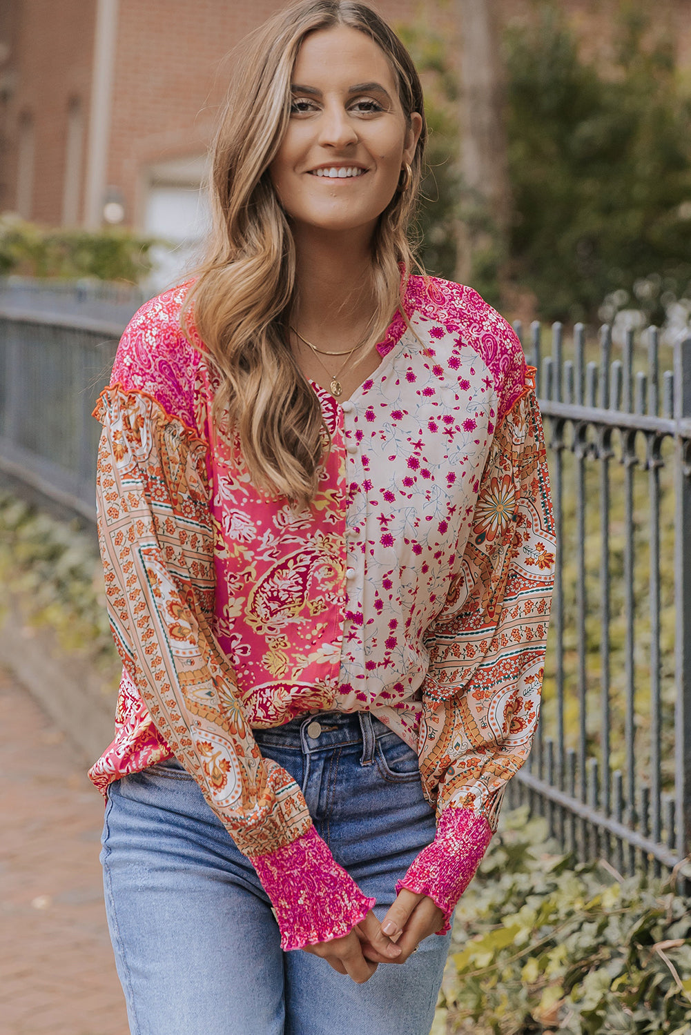 Floral Printed Mixed Printed Puff Sleeve V-Neck Shirt