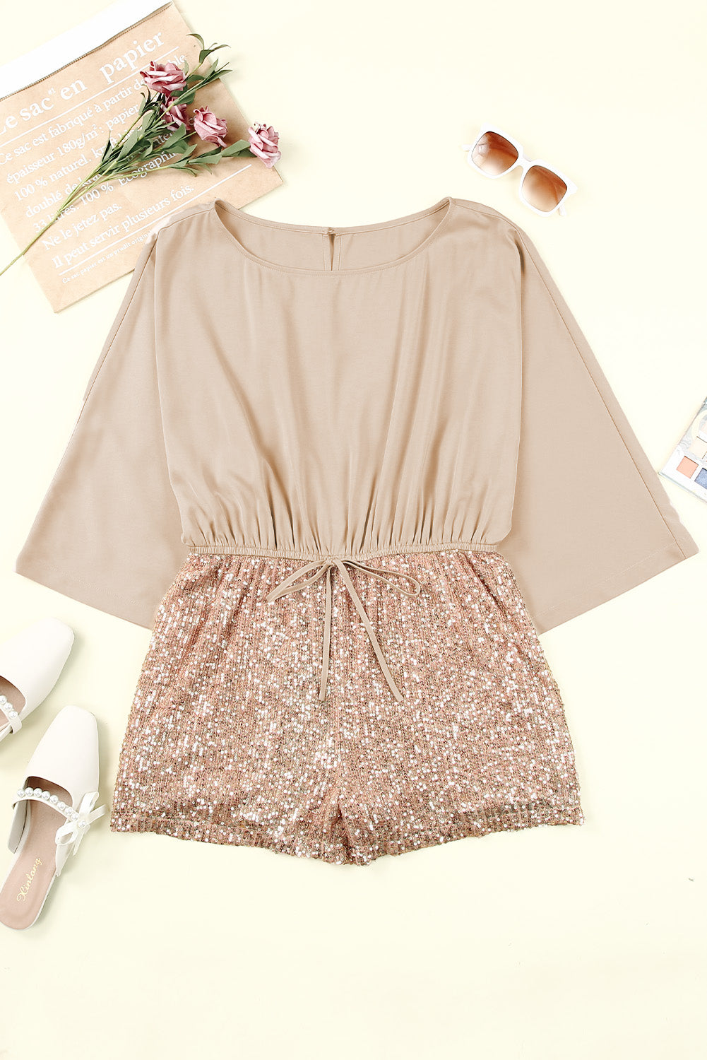 Women's Romper Featuring High-Rise Sequin Drawcord