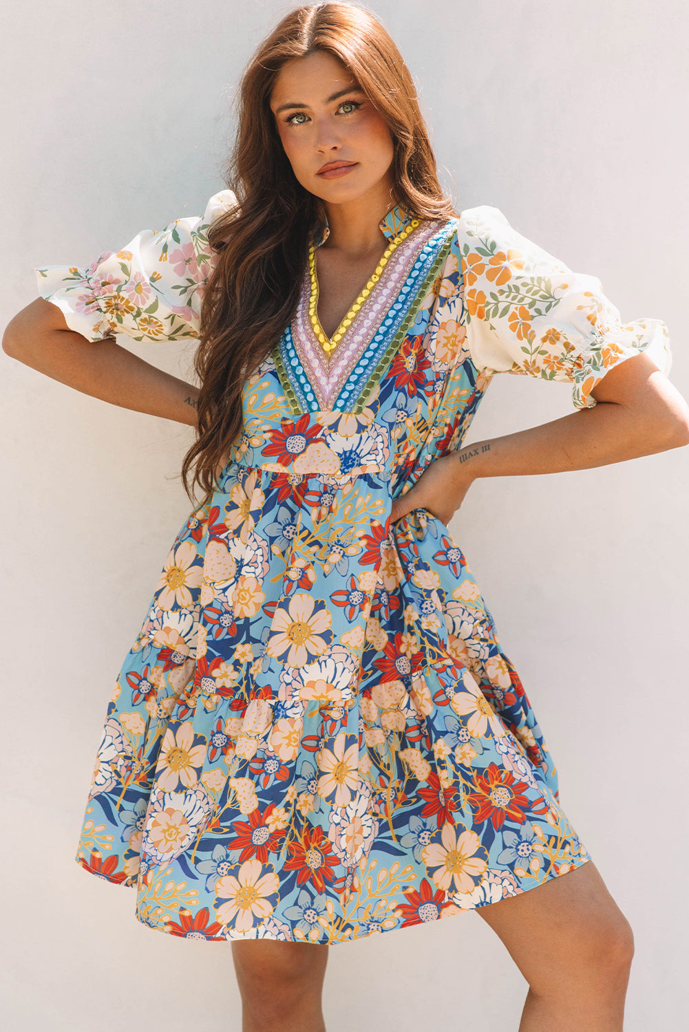 Boho Floral Print Crochet Patchwork V Neck Loose Mini Dress
