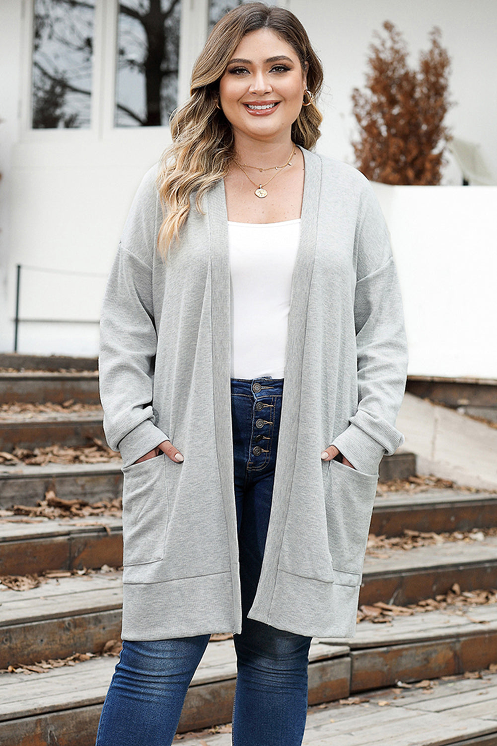 Women's Cardigan Featuring Thermal Knitted Pocket-Detail Plus Size