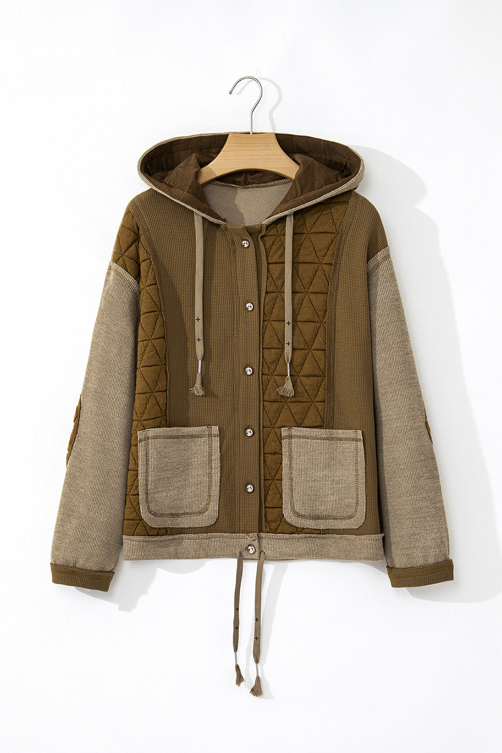 Quilted Textured Patchwork Easy-Fit Fit Hooded Jacket in Green