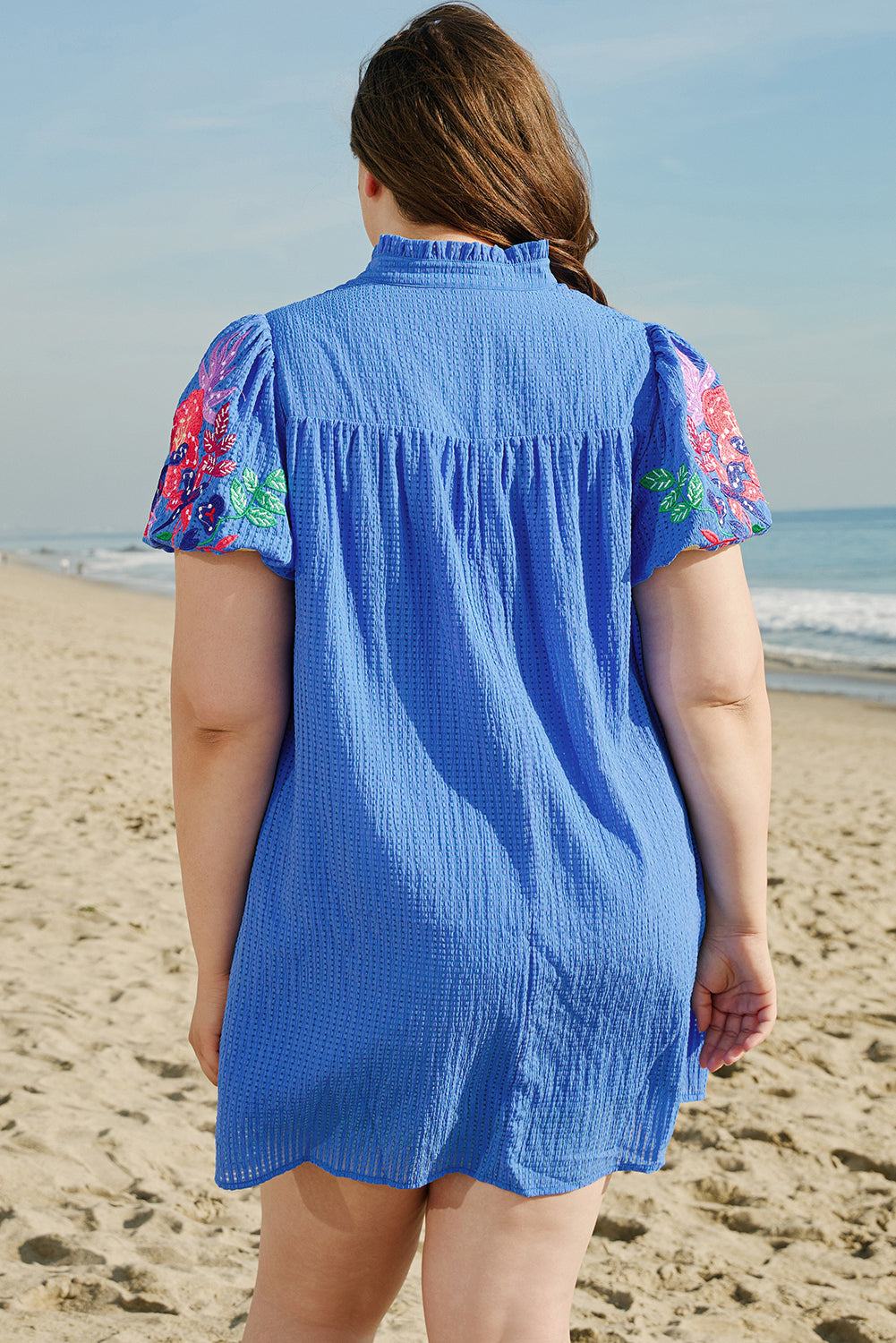 Plus Size Floral Embroidered Gingham Mini Dress