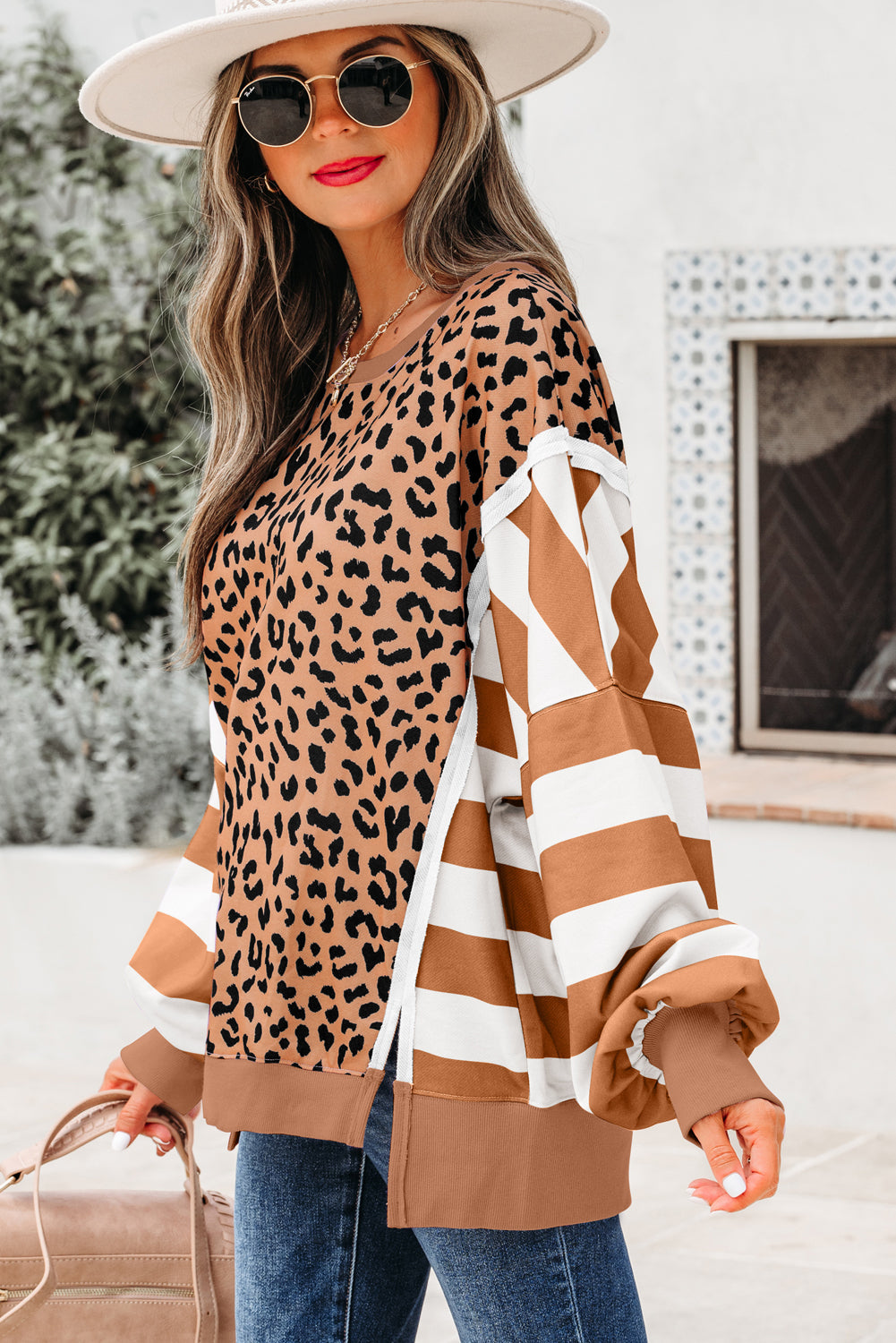 Patchwork Leopard Colorblock Leopard Everyday Sweatshirt with Slits