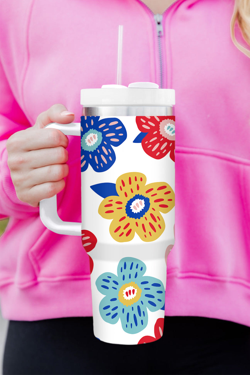 Pattern Stainless Flower Stainless Vacuum Cup with Handle 40oz