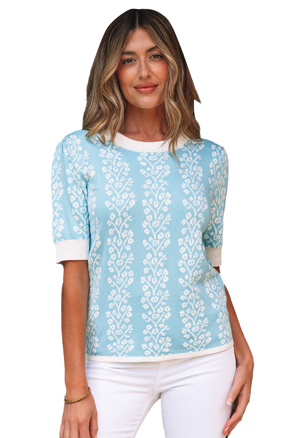 Contrast Floral Crewneck Short-Sleeved Knit Top