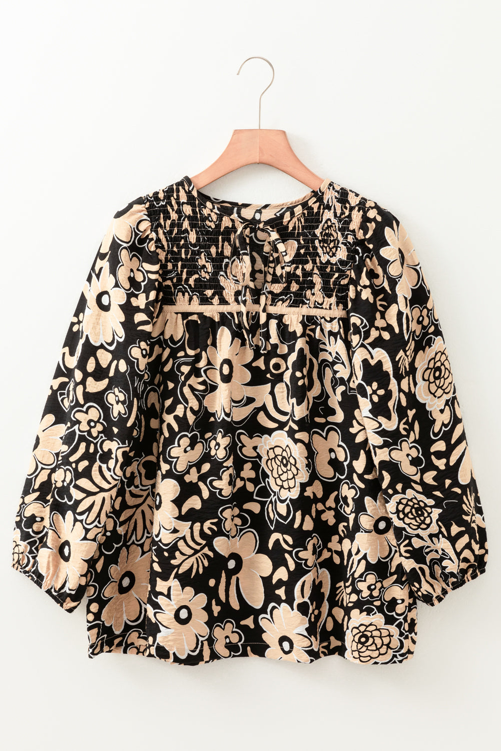 Floral Shirred Split Neck Boho Blouse