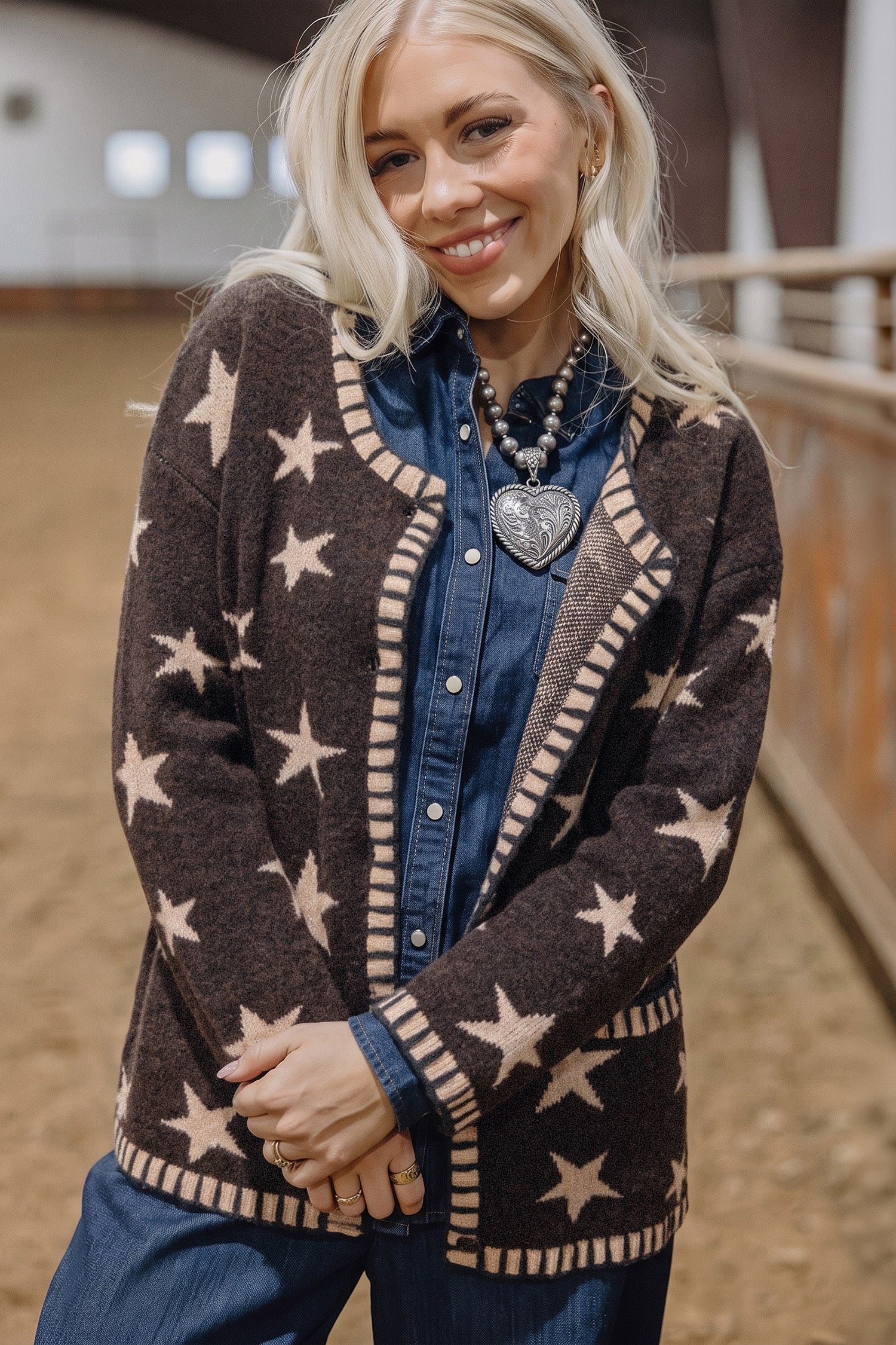 Stars Pattern Colorblock Long-Sleeved Shift Wool Cardigan in Brown