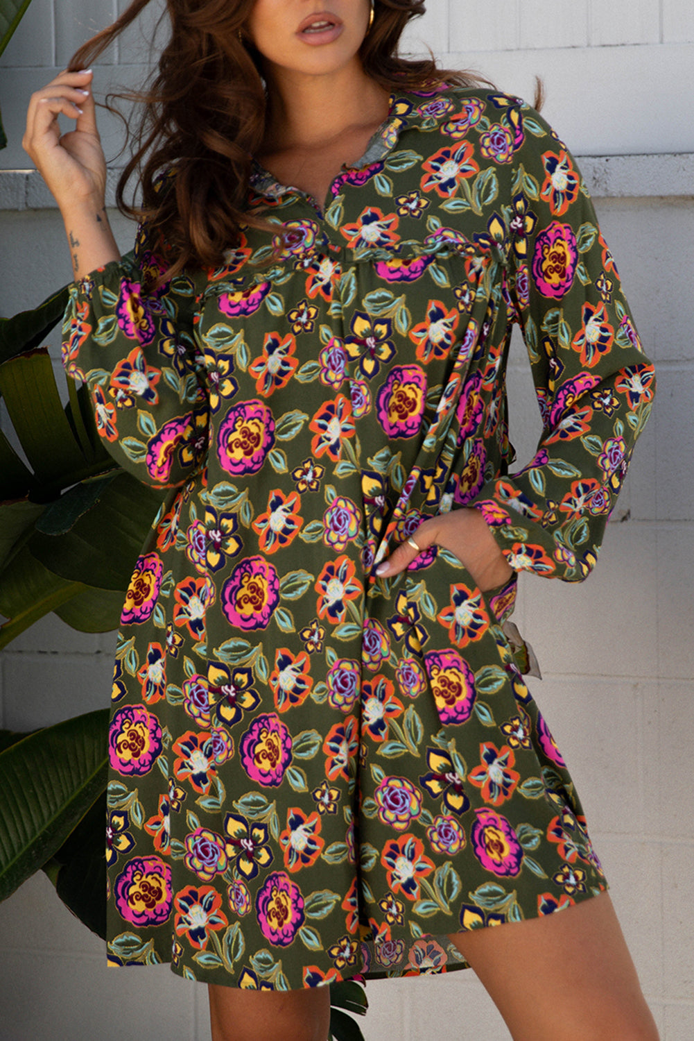 Floral-Print Split Neck Bubble Sleeve Shift Mini Dress